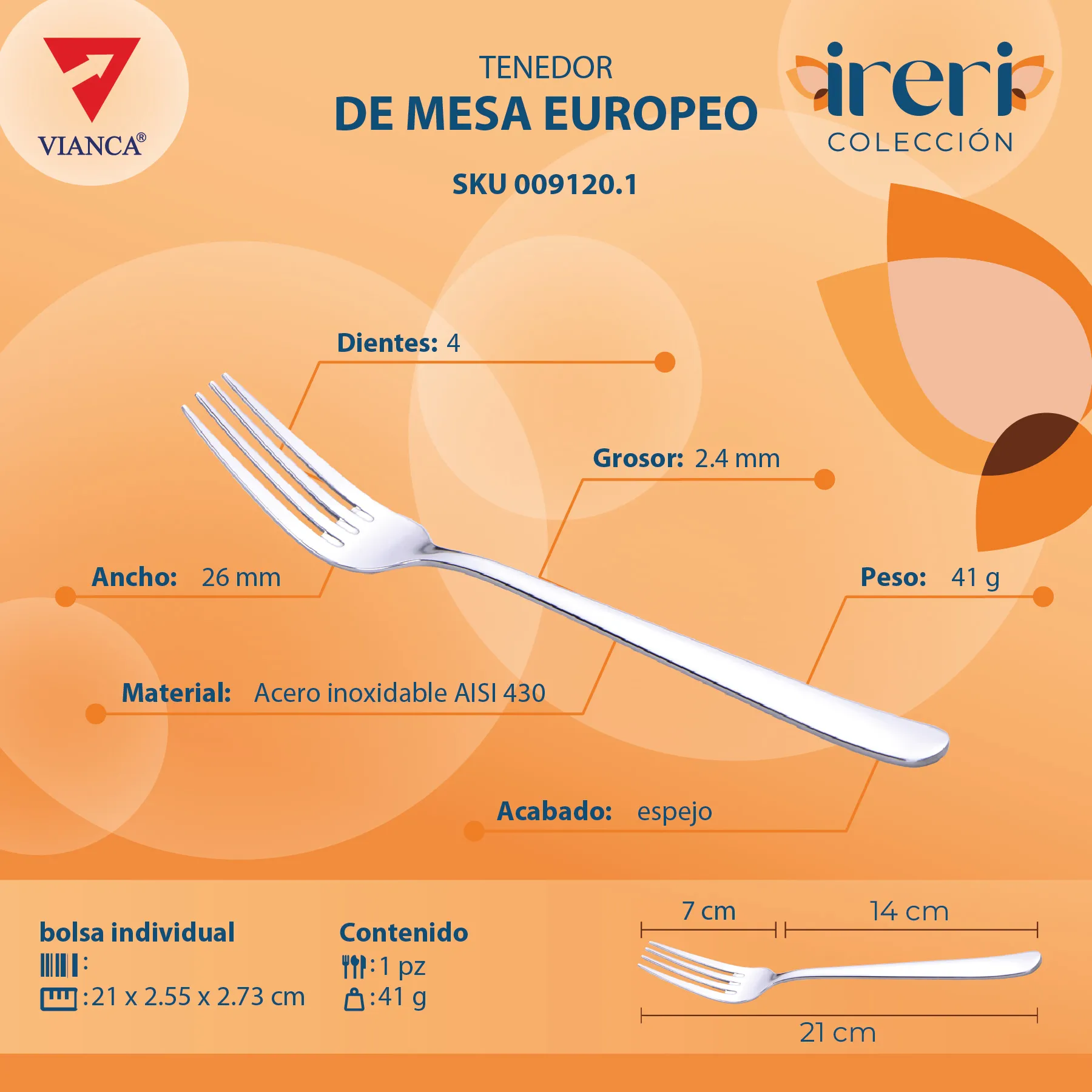 Tenedor de mesa europeo Ireri