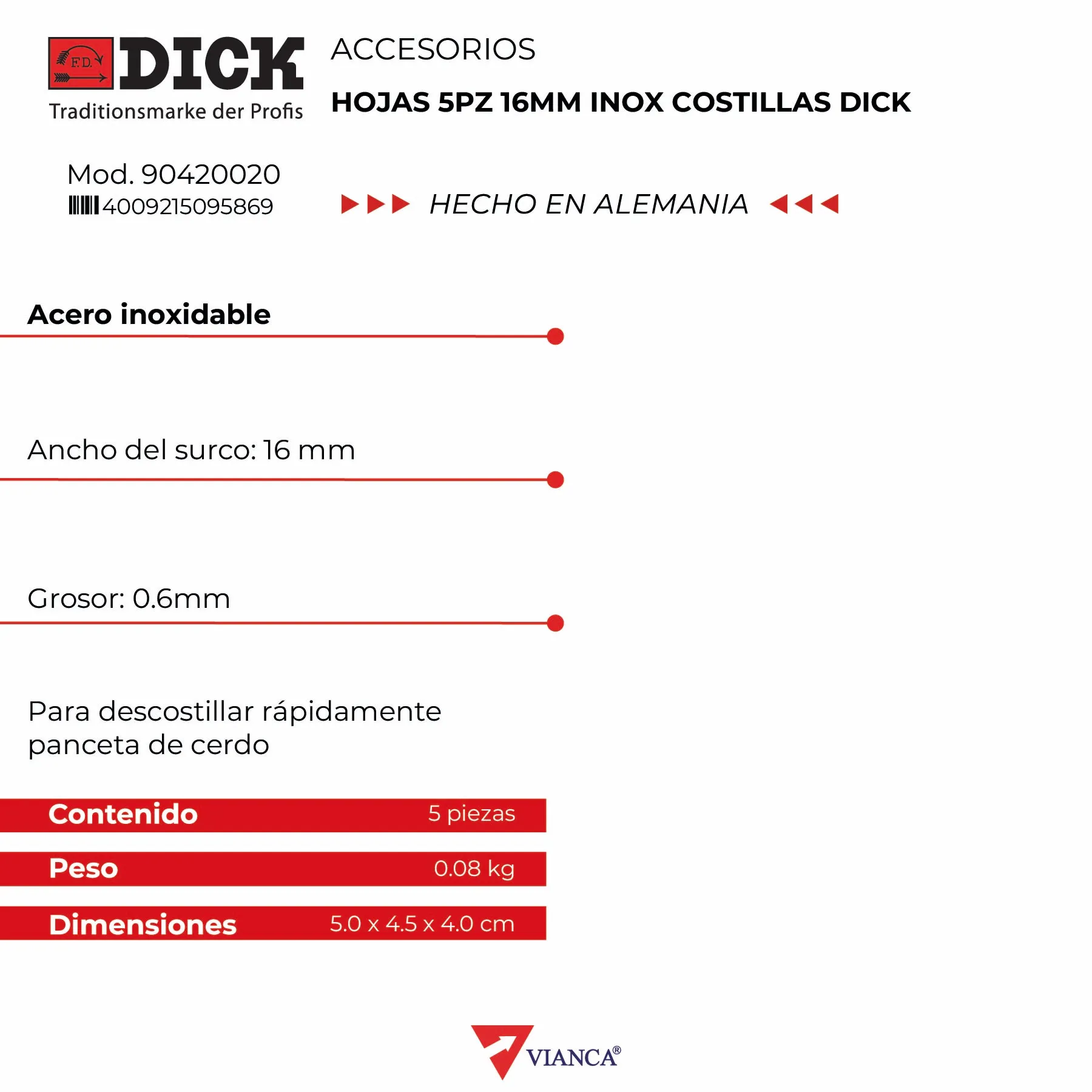 Hojas 5pz 16mm inox costillas DICK